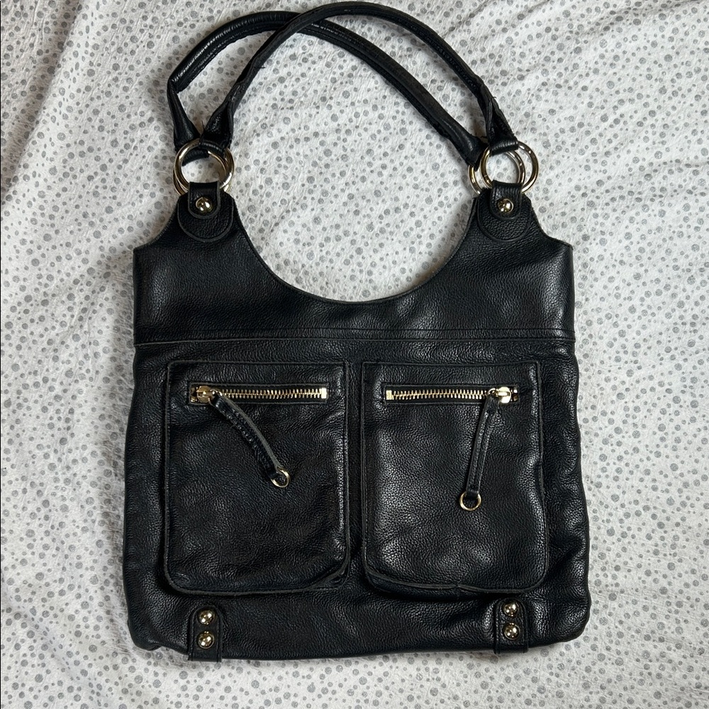 Linea Pelle Black Leather Shoulder Bag with Gold Accents